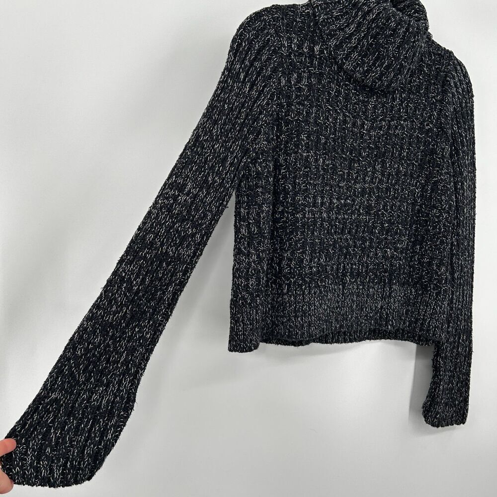 FREE PEOPLE Black White Marled Cable Knit Cropped Turtleneck Sweater Size Large - Picture 7 of 9